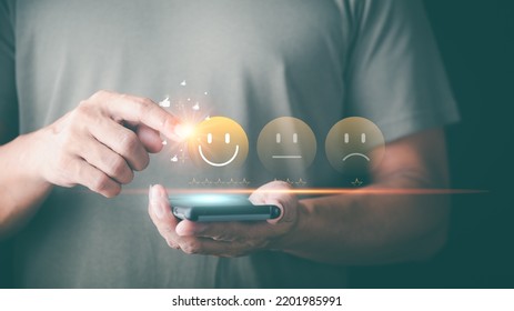 Male Consumers Rate Their Satisfaction And Rate And Review Them Online. Customer Experience Survey Concepts For Services And Products And Customer Engagement