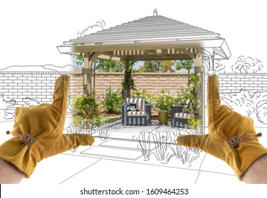 Male Contractor Hands Framing Completed Section of Custom Pergola Patio Cover Design Drawing.