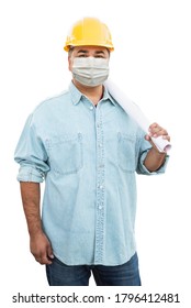 Male Contractor In Hard Hat Wearing Medical Face Mask During Coronavirus Pandemic Isolated On White.