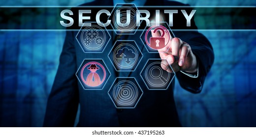 Male Corporate Administrator Is Touching SECURITY On An Interactive Virtual Control Display. Business Risk Metaphor And Information Technology Concept For Physical Security And Computer Security.