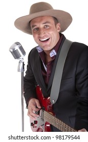 Male Country Singer With Red Guitar And Retro Style Microphone On White Background