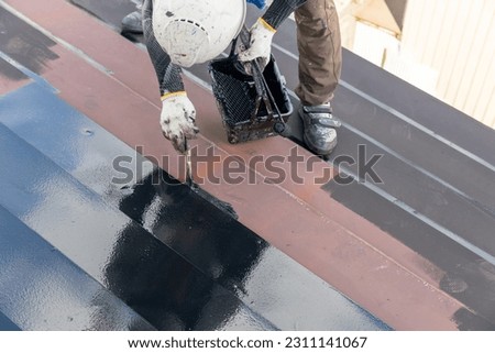A male craftsman painting a tin roof