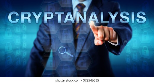 Male Cryptanalyst Is Touching CRYPTANALYSIS Onscreen. Many Closed Padlock Icons Embedded In Hexagonal Matrix Structures Do Represent Encrypted Data Sets Within A Cryptographic Security System.