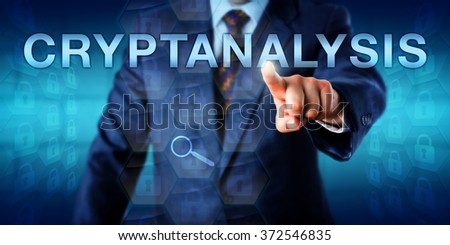 Male cryptanalyst is touching CRYPTANALYSIS onscreen. Many closed padlock icons embedded in hexagonal matrix structures do represent encrypted data sets within a cryptographic security system.