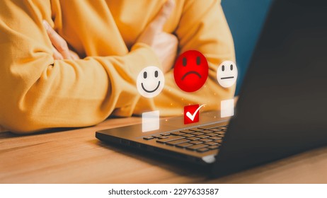 Male customer give assessment low score questionnaire on virtual screen. Bad review and feedback, dislike service, low rating. Business service concept of customer testimonial experience dissatisfied. - Shutterstock ID 2297633587