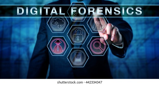 Male Cyber Crime Investigator Pressing DIGITAL FORENSICS On An Interactive Touch Screen Monitor. Investigative Concept For Computer Forensics, Network Forensics And The Electronic Discovery Process.