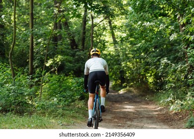 Male cyclist rides on the road of the forest on a bicycle, view from the back.
