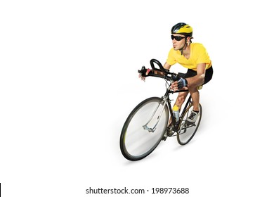 Male Cyclist Riding A Bike Isolated On White Background