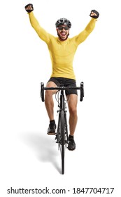 Male cyclist riding a road bicycle towards the camera and gesturing happiness isolated on white background