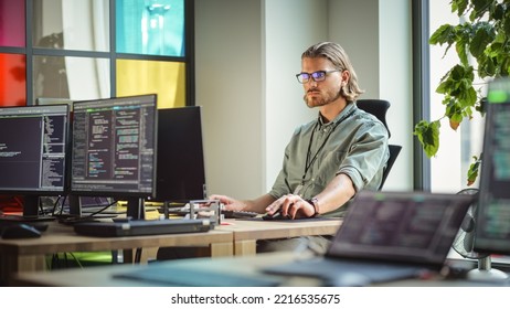 Male Data Scientist Coding on Desktop Computer in Creative Office Space. Caucasian Man Scraping Digital Information From Opened Sources in Internet For Artificial Inteligence Software Development.