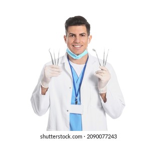 Male Dentist With Mask And Tools On White Background