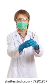 A Male Dentist With Tools In His Hands, Isolated On White, Front