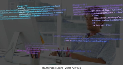 Male dev typing at desk while code overlay appearing, scrolling, obscuring screen for software. Workstation, computer, office, cyan, purple, translucent, coding