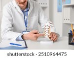 Male doctor demonstrating spinal anatomy with vertebral column model in clinic, closeup