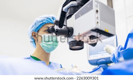 Male doctor doing surgery inside modern operating theater in surgical hospital.Microscopic was use in eye surgery.Surgeon in blue sterile suit working with microscope with light effect.Medical care.