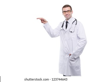 Male Doctor Makes A Pointing Finger Gesture, Isolated Over A White Background