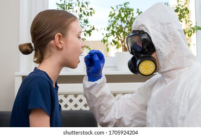 Male Doctor In Protective Suit And Mask Taking Swab Sample From Child. Coronavirus Test.