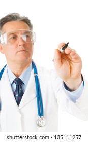 Male Doctor With Scientist Glasses Writing Something With Marker On Glass, Wall