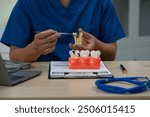 A male doctor sits working at the table in a dentist