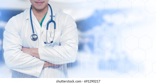 Male Doctor Standing In The Hospital Or Office.  Medical Staff With Expert Level Of Expertise.Doctor Medical  Hospitalize Staff, Insurance ,Business ,Confident, 
 Technology And Healthcare Concept.