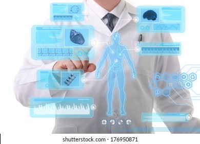 Male Doctor Working On A Futuristic Touchscreen Display