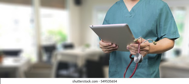 Male Doctor,medical Students Or Surgeon Using Tablet And Laptop During The Conference,Health Check With Digital System Support For Patient,test Results And Data Registration,selective Focus