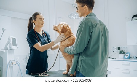 Male Dog Parent Brings His Furry Companion to a Contemporary Veterinary Clinic for a Check Up Visit. Golden Retriever Sits on the Examination Table as a Female Veterinarian Looks Over the Pet - Powered by Shutterstock