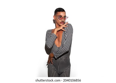 Male Drag Queen Diva With Makeup Posing On White Background