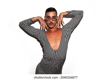 Male Drag Queen Diva With Makeup Posing On White Background