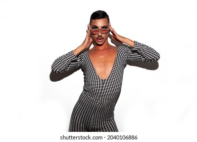 Male Drag Queen Diva With Makeup Posing On White Background