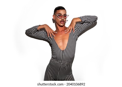 Male Drag Queen Diva With Makeup Posing On White Background