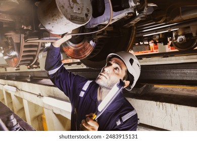 Male electric vehicle maintenance technician engineer stands below  engine using light inspect the undercarriage equipment  inspect safety electric vehicle brake control system in the repair garage. - Powered by Shutterstock