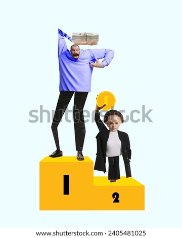 Male employee standing on first position in career ladder, woman on second. Man earns more. Conceptual design. Contemporary art. Concept of stereotypes, gender gap, gender discrimination, women rights