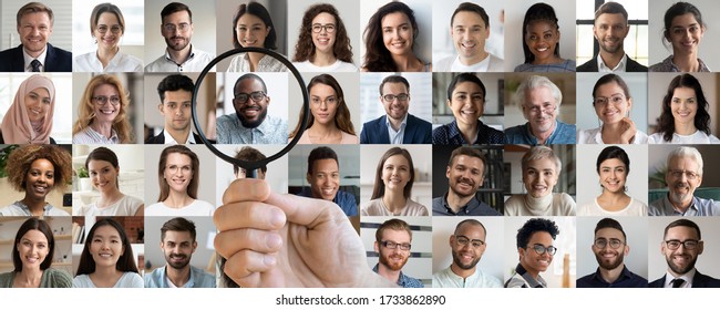 Male employer holding magnifier in hand finding unique talent african ethnic job candidate choosing among many lot of multiethnic people different faces collage. Recruiting, human resources concept.