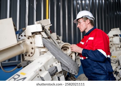 male engineer workers maintenance automatic robotic arm machine in a factory. worker checking and repairing automatic robot hand machine. technician worker check for repair factory machine.