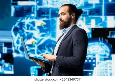 Male IT expert interacting with a digital AI neural network to symbolize machine learning and algorithmic thinking for smart tech innovation and future development strategy. Data science.
