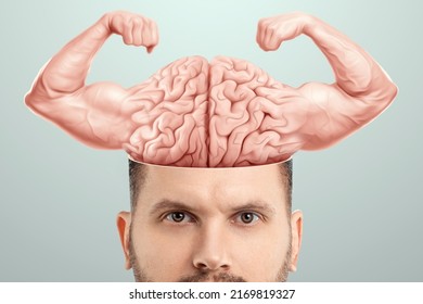 Male face and brain shows biceps, brain power, human organ. Concept training memory, intelligence, strong mind. mixed media