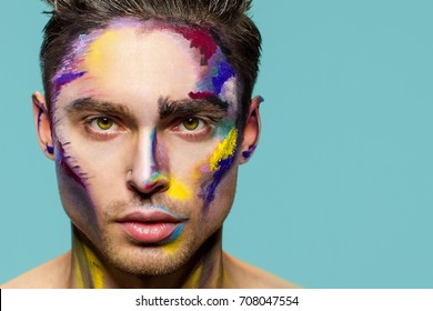 Male Face, Makeup Art. Handsome Caucasian Man Close Up. The Bold Look.