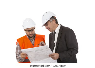 Male Factory Worker And Supervisor Are Analyzing Plans On White Background 