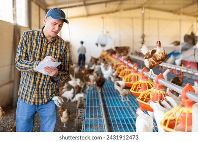 Male farmer keeps track of the number of chickens on a poultry farm - Powered by Shutterstock