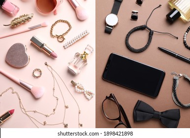 Male and female accessories on color background, flat lay