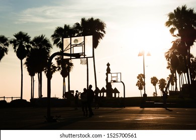 male and female basketball players at sunset in venice beach. two friends playing basketball in venice beach los angeles california