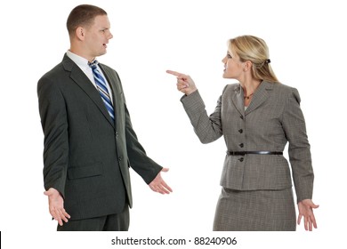 Male and female business people arguing isolated on a white background