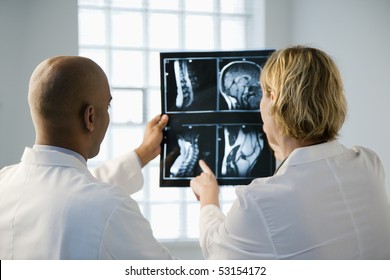 Male And Female Doctor Looking At Patient Xray Film.