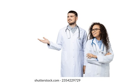 Male and female doctors in white uniform, isolated on white background