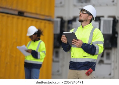Male and Female engineer with safety jacket working in Container Yard  - Shutterstock ID 2367245491