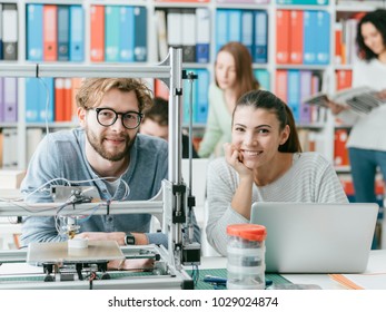 Male And Female Engineering Students Using A 3D Printer In The Lab, Technology And Learning Concept