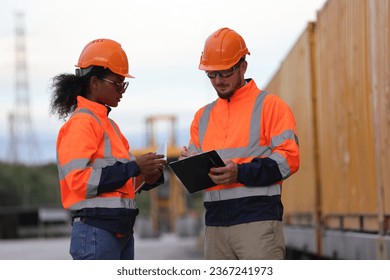 Male and Female engineers with orange safety jackets working at train station  - Shutterstock ID 2367241973