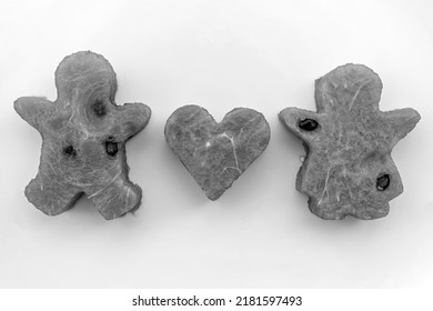 Male And Female Figures With Heart Made Of Watermelon Flesh, Black And White 