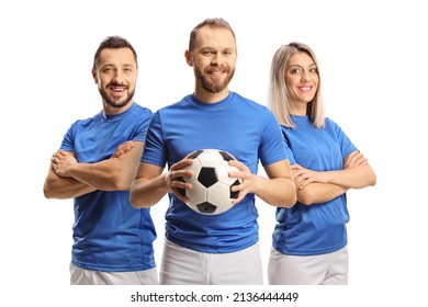 Male and female football players smiling at camera isolated on white background - Powered by Shutterstock